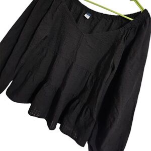 Old Navy Women Black 3-Tiered Top w/ Long Balloon Sleeves in Textured Fabric S